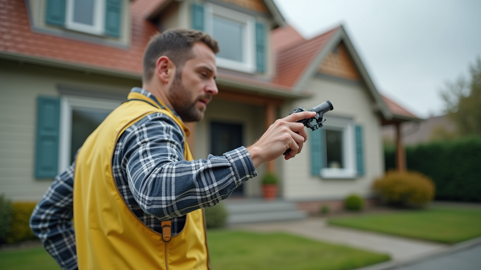 Eye-level view of a home inspector examining a house exterior
