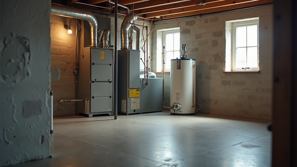 Eye-level view of a clean and organized basement with clear access to the furnace and water heater
