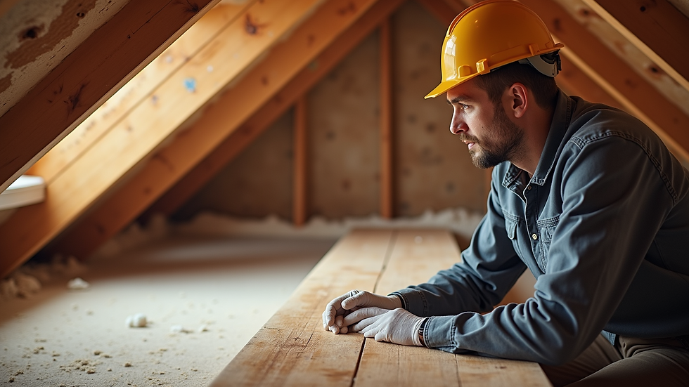 Close-up view of a home inspector checking the attic insulation