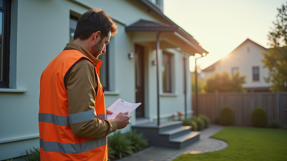 Eye-level view of a home inspector examining a house exterior