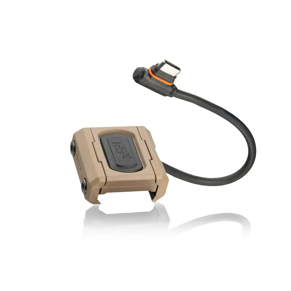 Close-up ModButton Lite button detail in FDE finish with USB-C plug for FUEL Modlite rifle lights