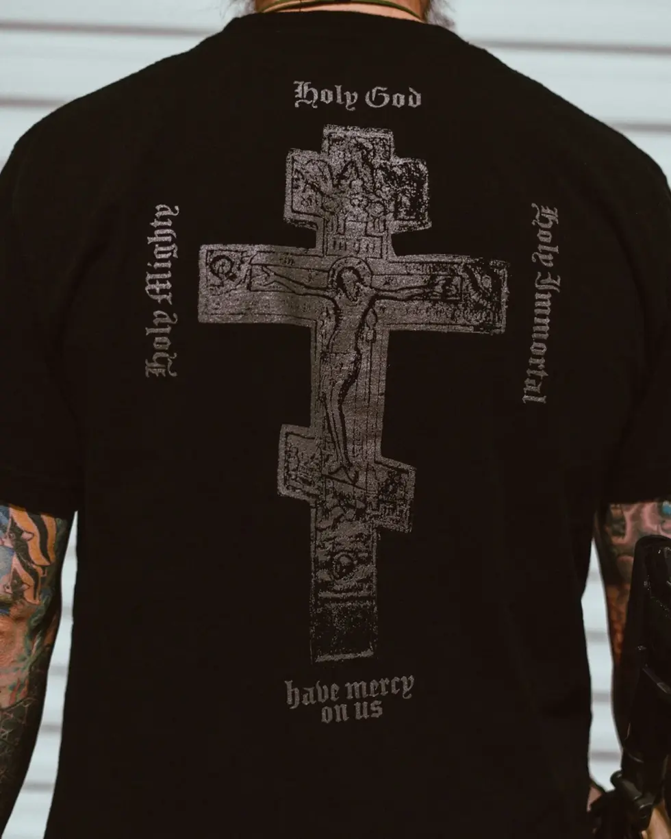 Detailed close up of the back design on the SC Irregulars TRISAGION S/S shirt