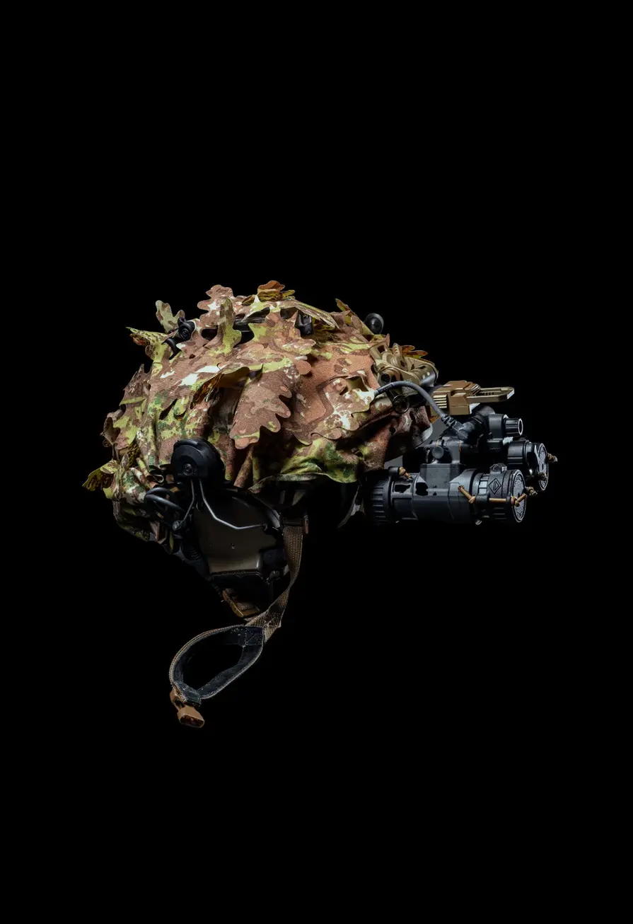 Side view of Irregular Defense Add A Leaf with Irregular Disruptive Hinterland scrim on an OpsCore helmet