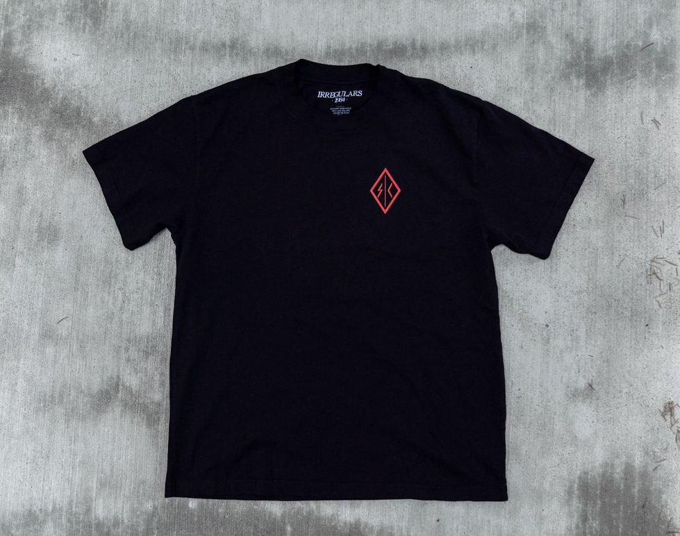 Top down view of the SC Irregulars JESUS PRAYER S/S shirt with clearly visible SC Irregulars logo in red on the chest area