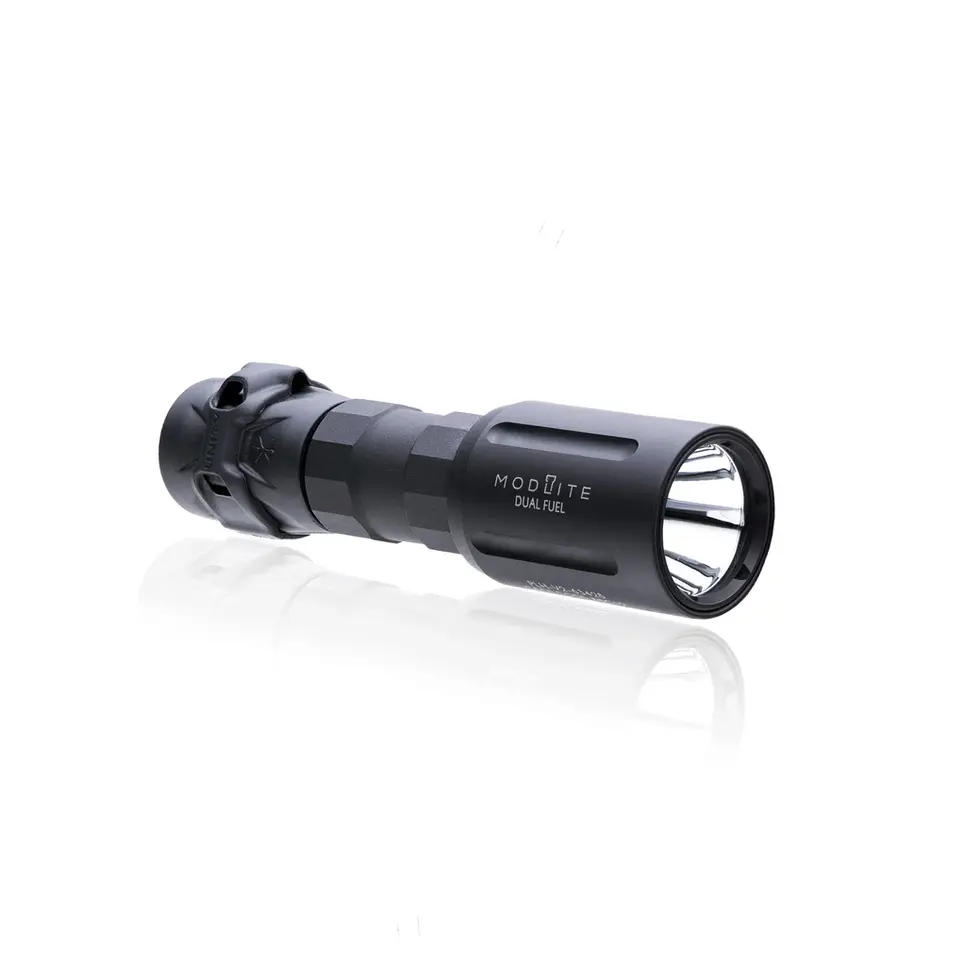 Front angled view of Modlite FUEL PLHv2 18350 rifle light package in black anodized finish
