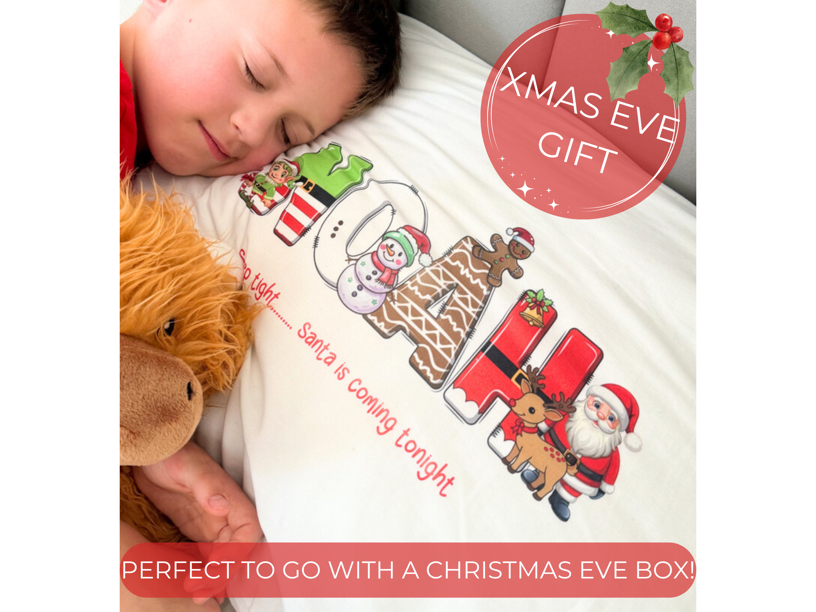 Personalised Christmas Eve cushion with festive lettering and custom name