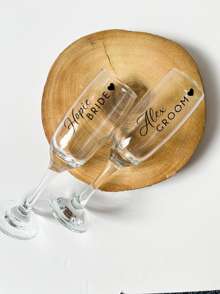 Thumbnail: Bride and groom personalised champagne flutes