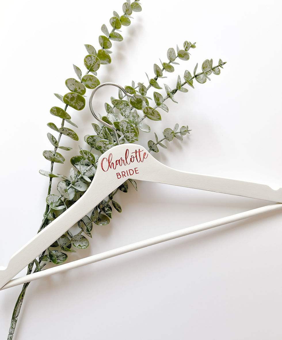 Thumbnail: White wooden bridal dress hanger with customised font