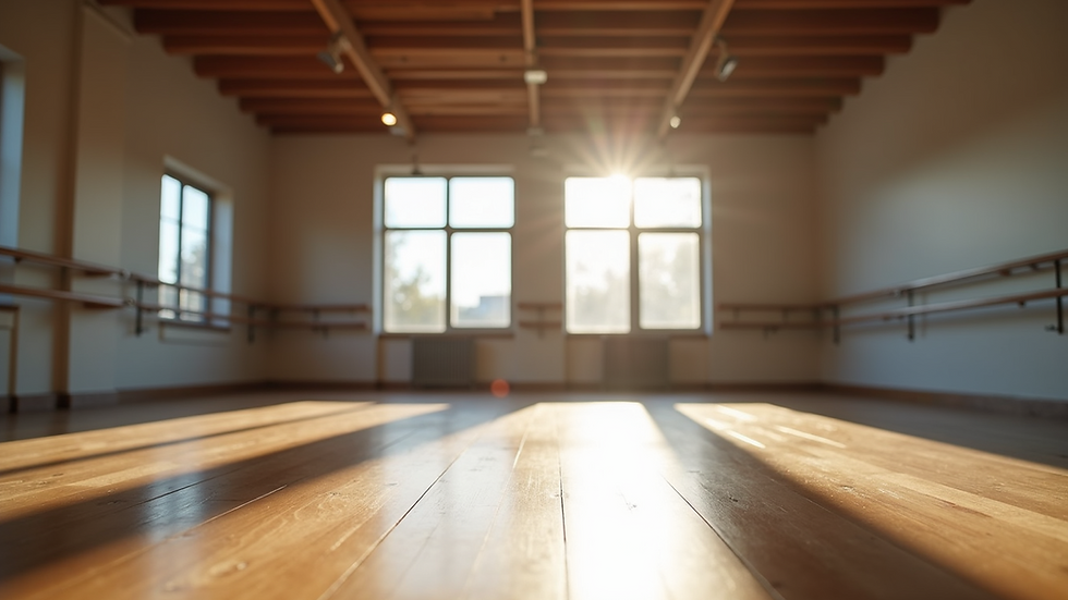 Eye-level view of a tranquil dance studio with wooden floors
