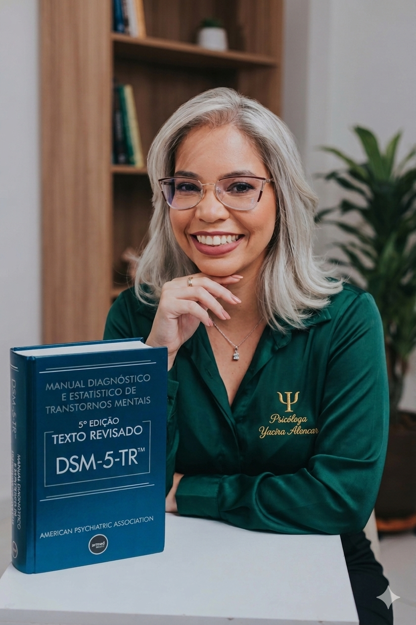 A psicóloga exibe um sorriso acolhedor enquanto posa ao lado do manual DSM-5-TR, destacando sua dedicação à saúde mental.