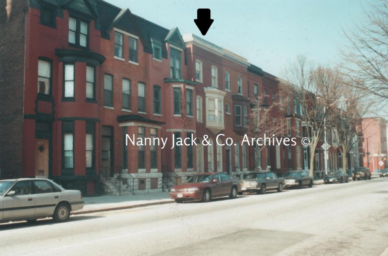 AN ARROW POINTS TO 1320 DRUID HILL AVENUE IN BALTIMORE, THE MURPHY HOMESTEAD IN 1910.