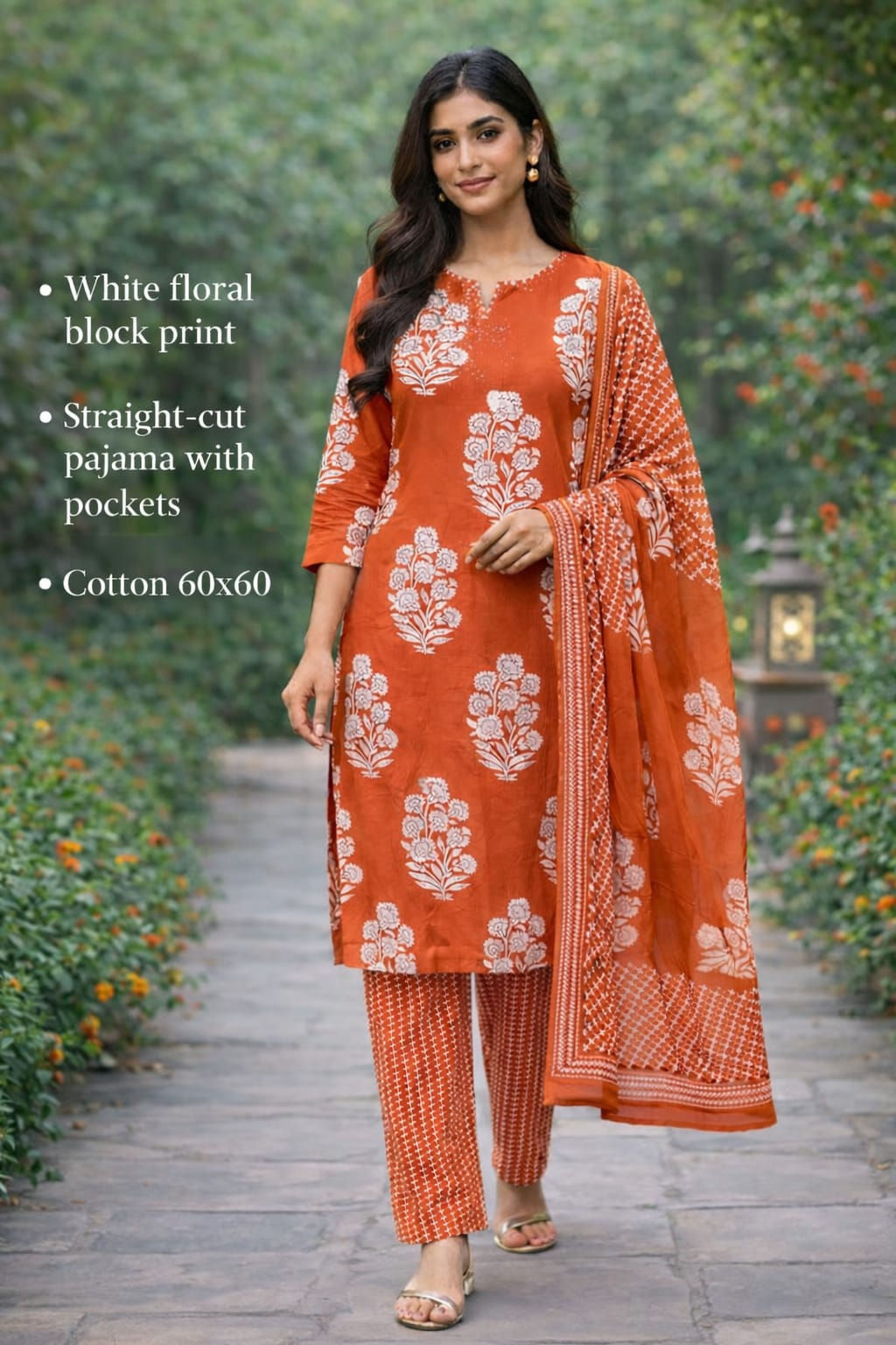 Rust Orange Floral Block Print Cotton Kurta Set with Dupatta