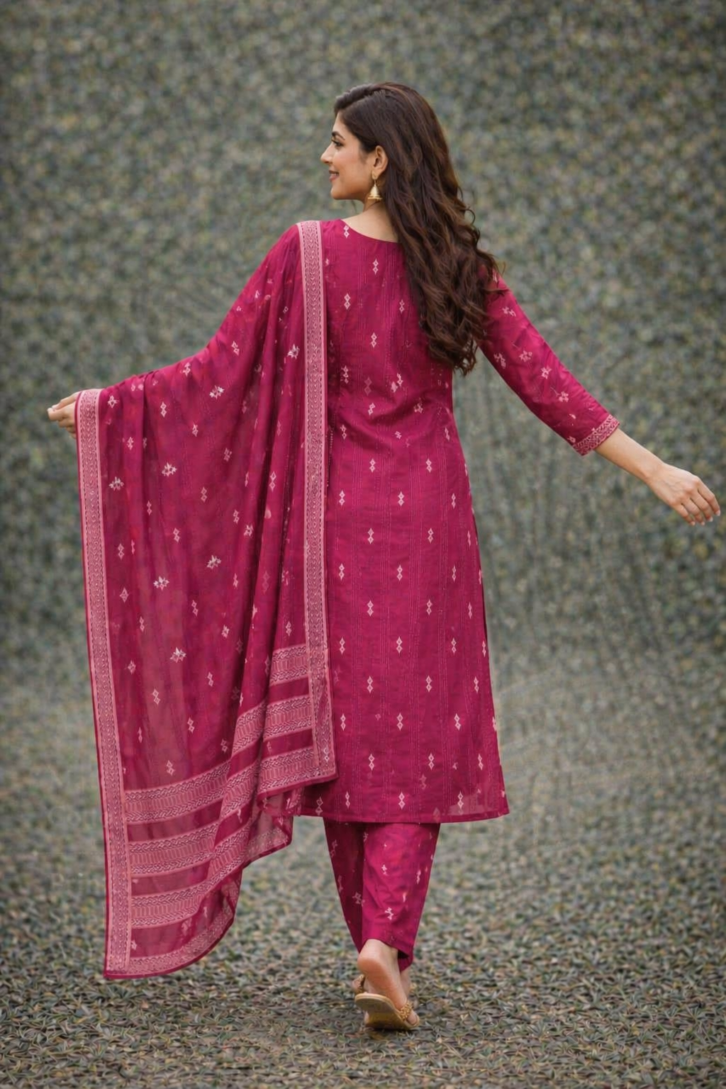 Magenta Cotton Kurta Set with Printed Dupatta