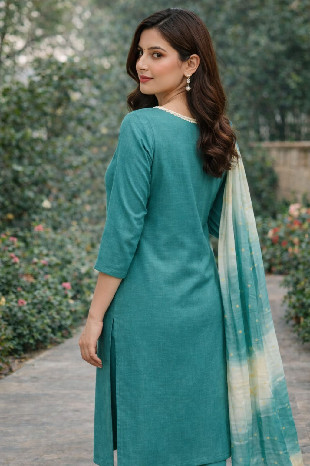 Teal Blue Floral Printed Cotton Kurta Set with Dupatta