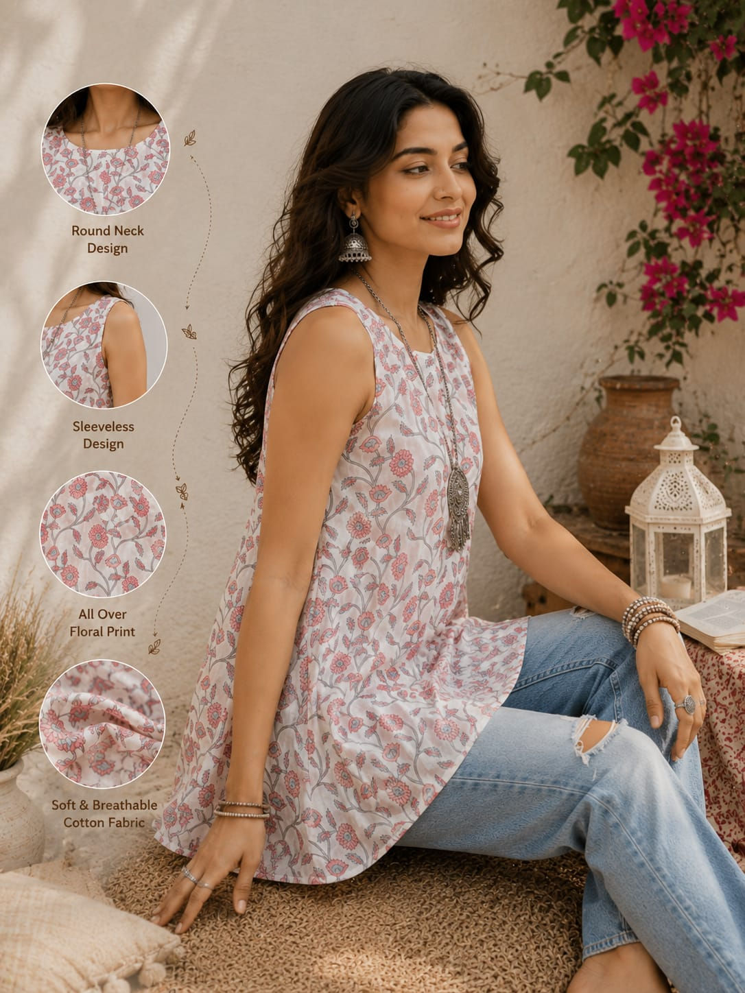 Floral Print Cotton A-Line Short Kurti