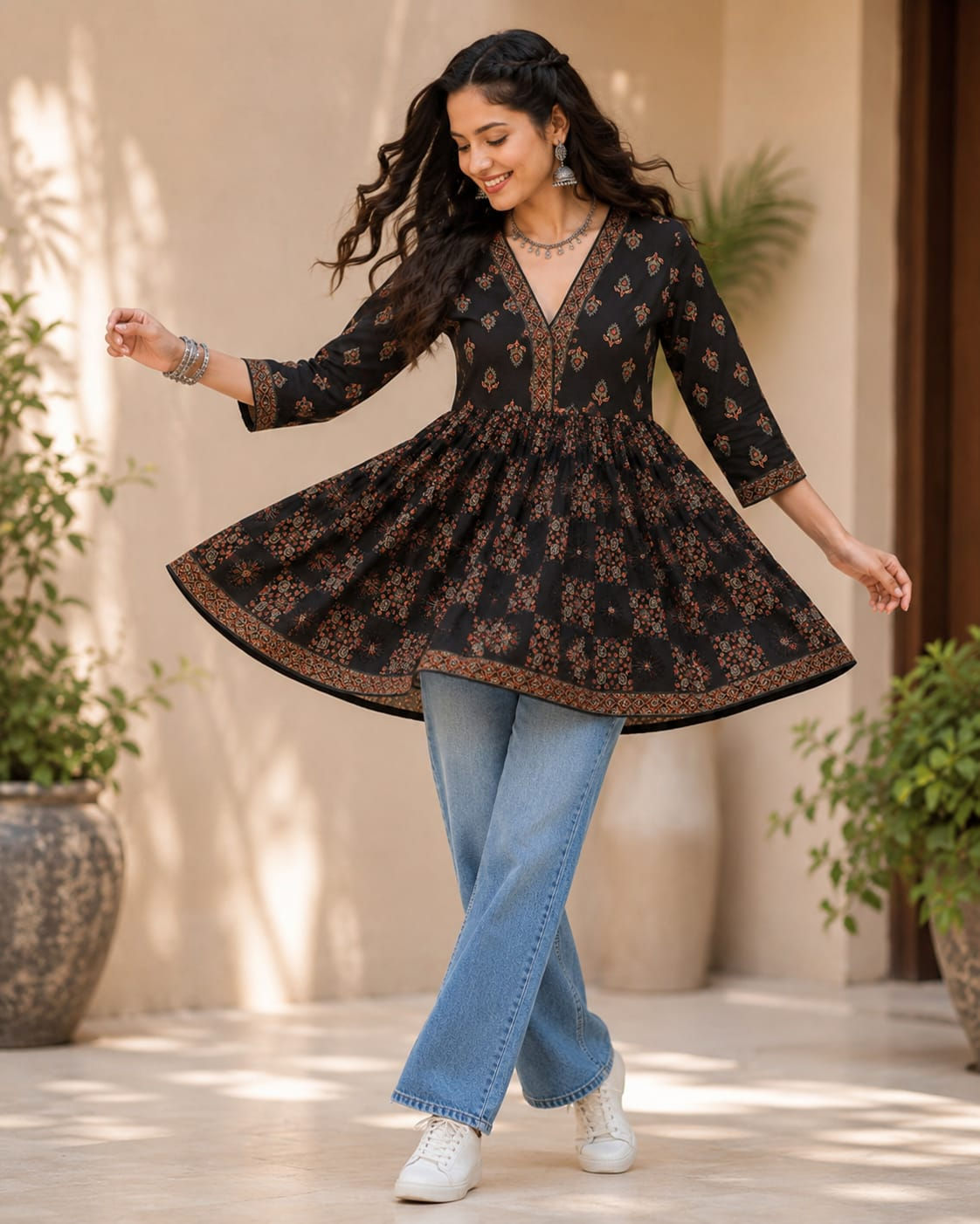 Black Ethnic Print Gathered Cotton Kurti
