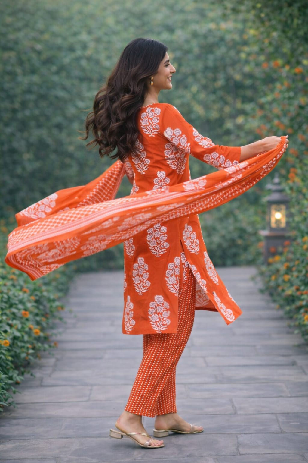 Rust Orange Floral Block Print Cotton Kurta Set with Dupatta