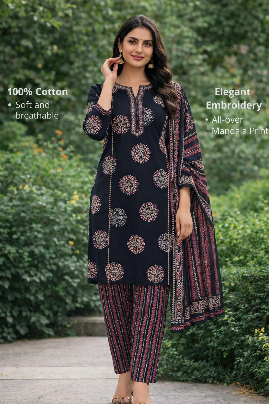 Black Mandala Printed Cotton Kurta Set with Dupatta