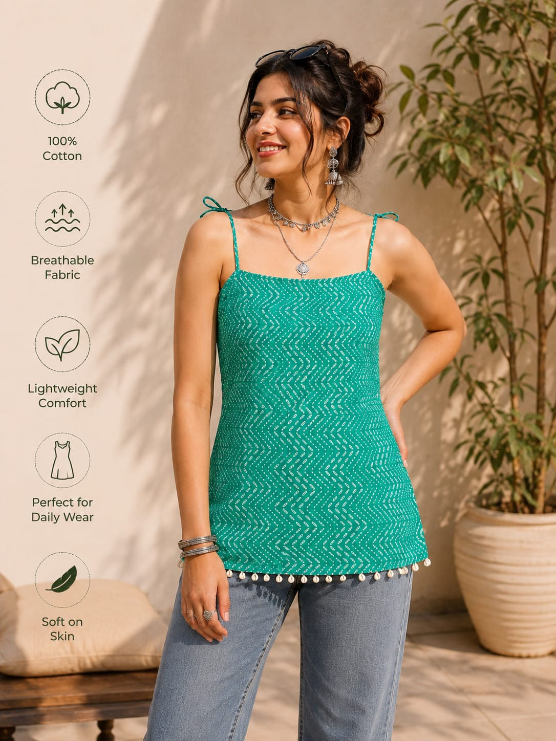 Boho Tie-Shoulder Printed Cotton Tunic