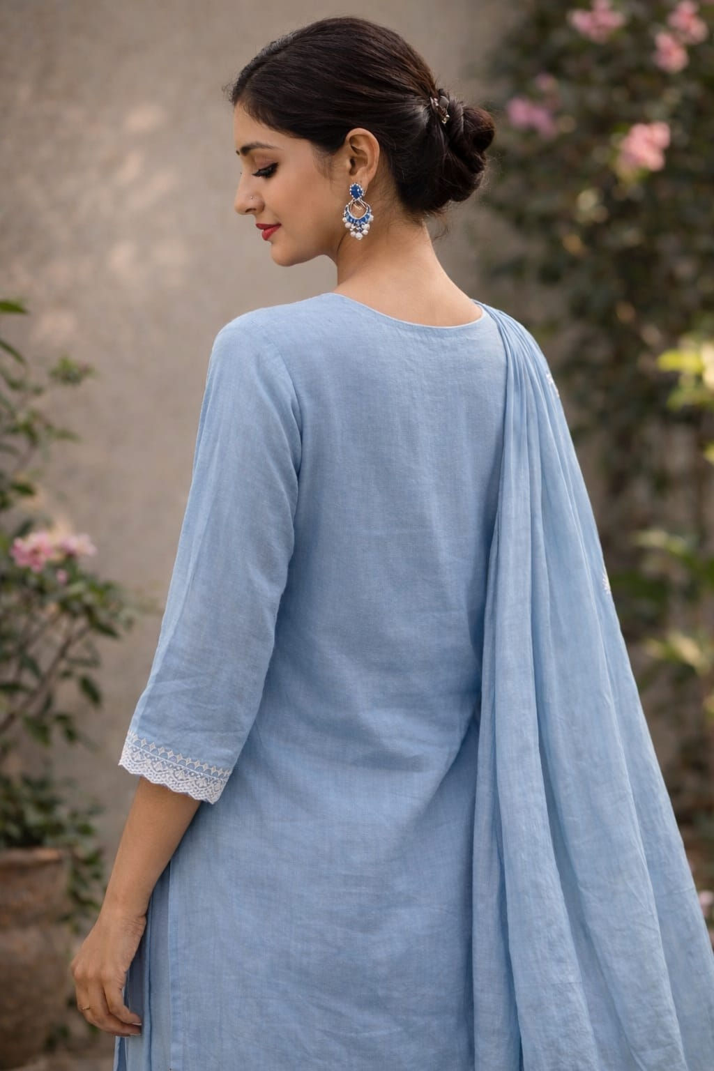 Sky Blue Embroidered Cotton Kurta Set with Dupatta