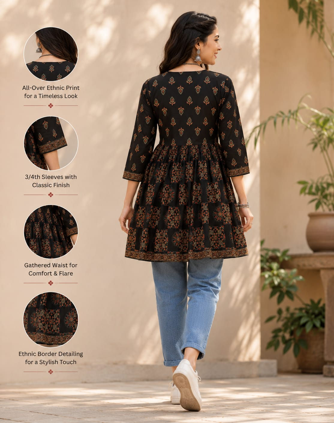 Black Ethnic Print Gathered Cotton Kurti