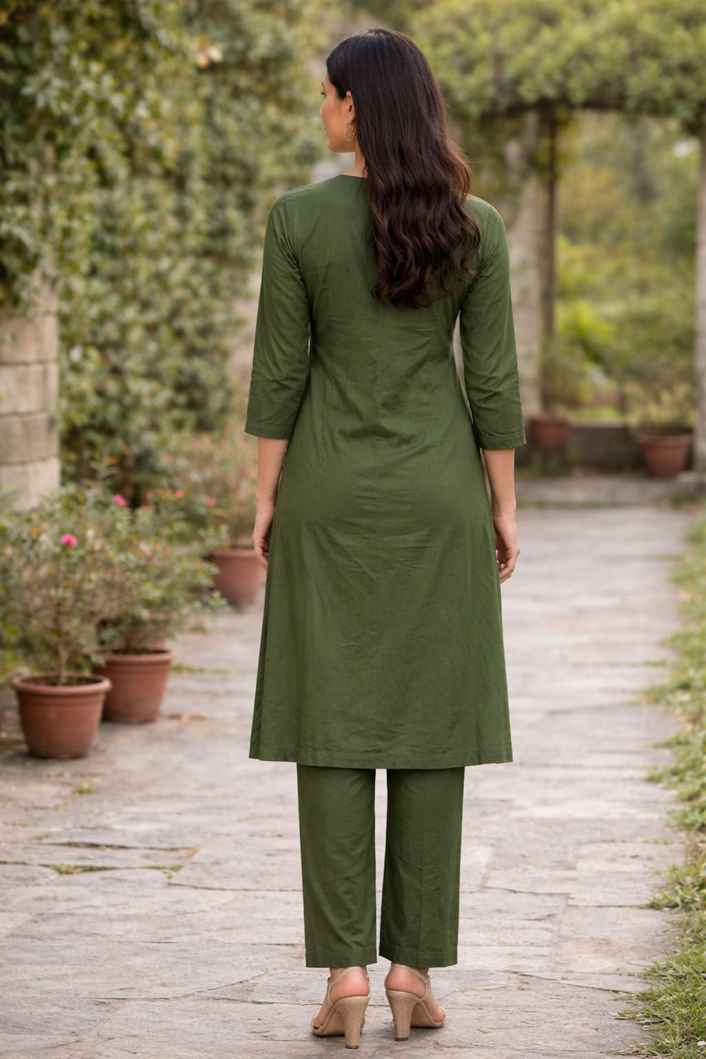 Olive Green Cotton Co-ord Set with Thread Work