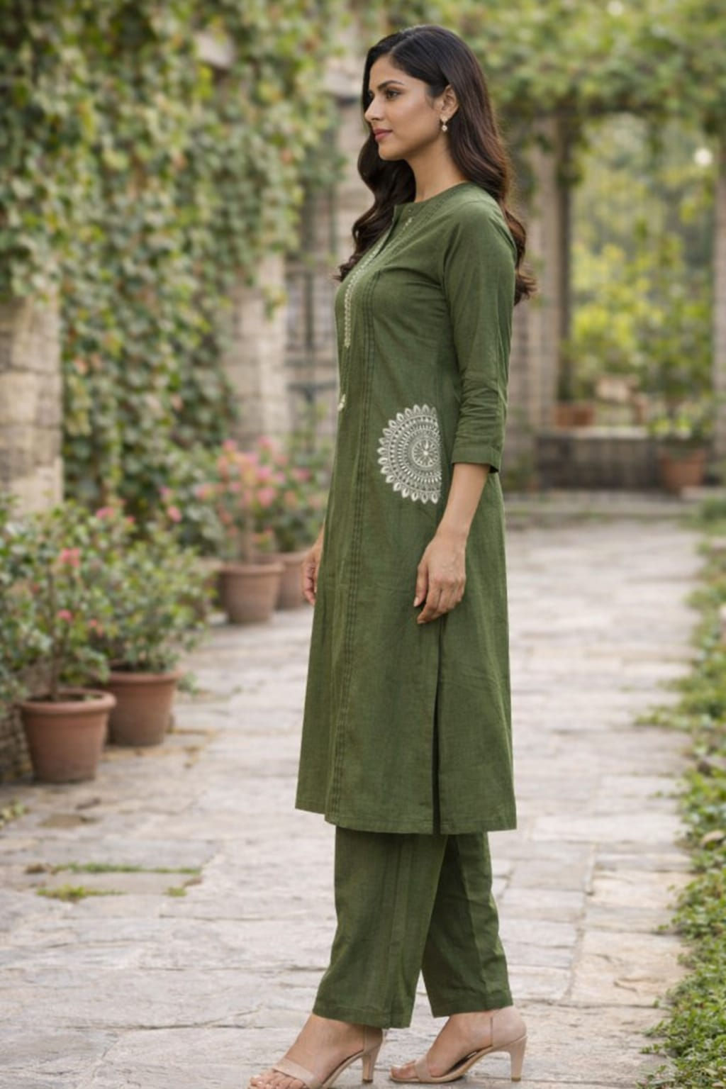 Olive Green Cotton Co-ord Set with Thread Work