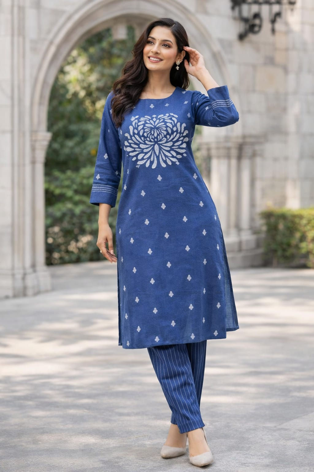 Indigo Blue Printed Cotton Kurta & Striped Pant Co-ord Set