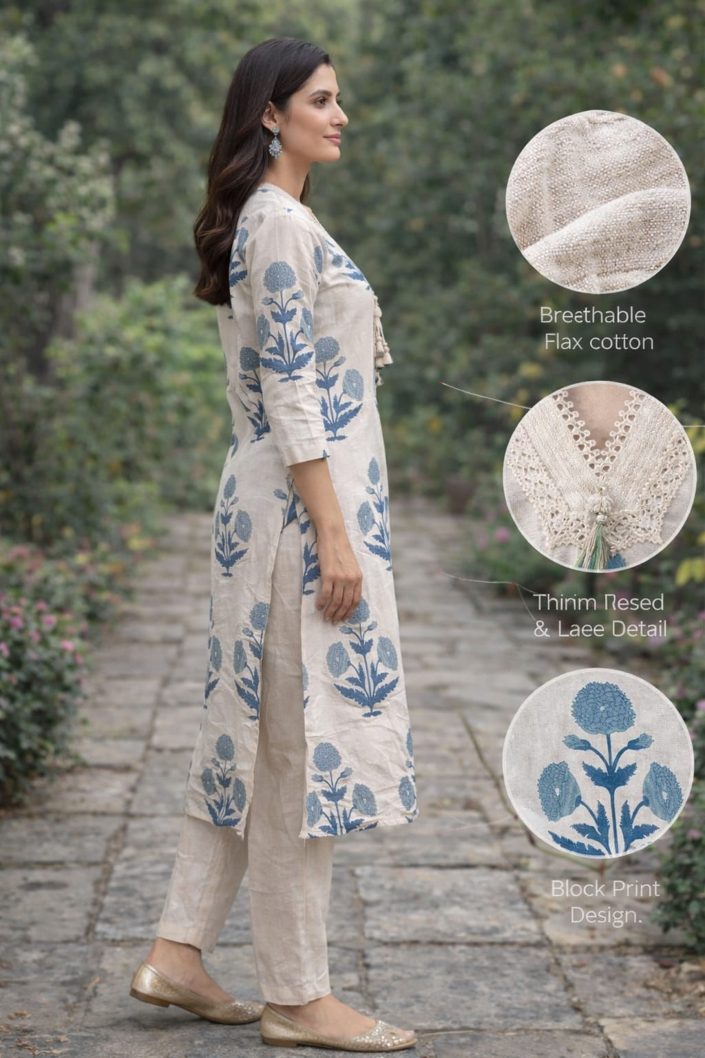 Ivory & Blue Block Print Flax Cotton Co-ord Set