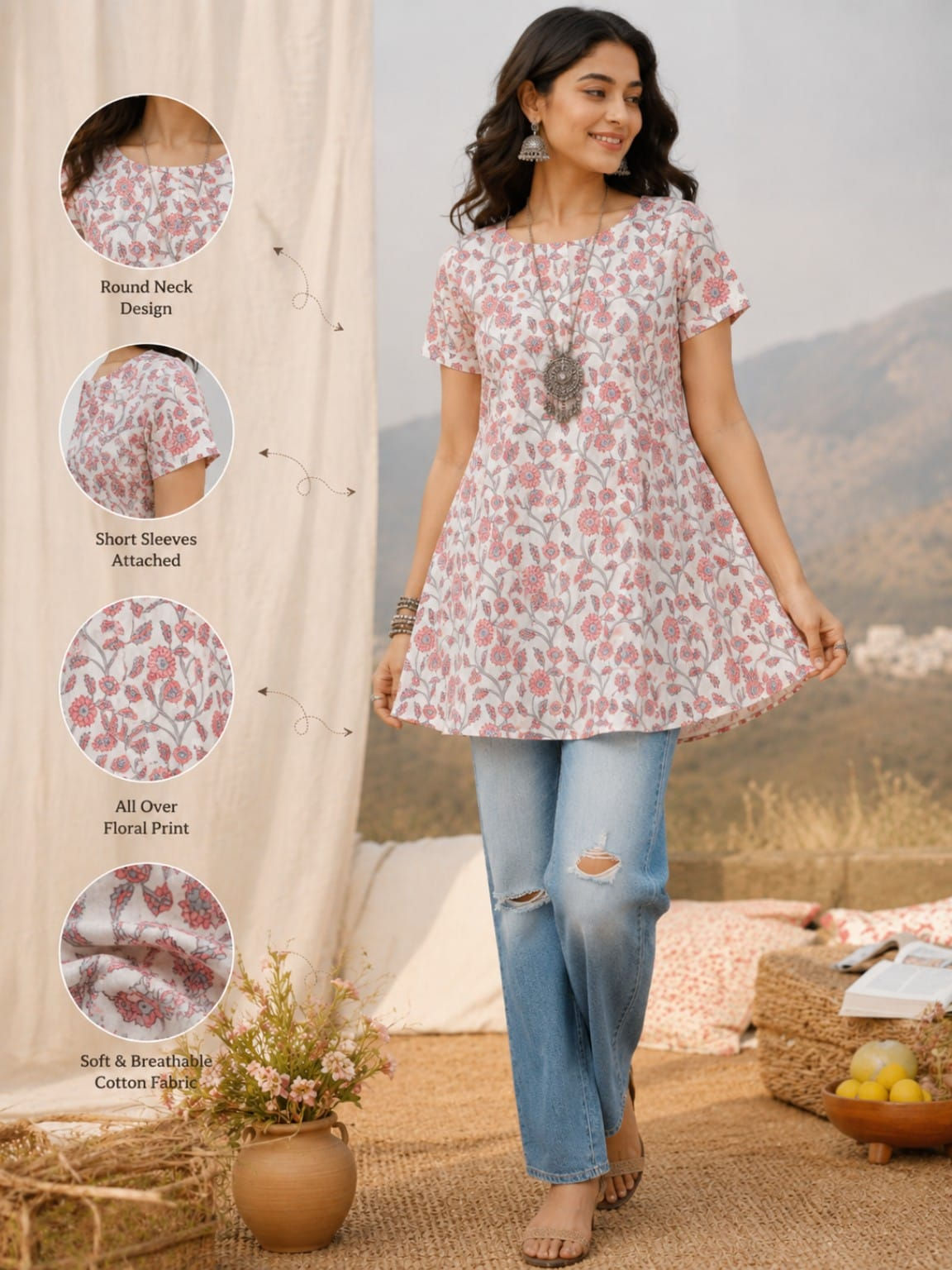Floral Print Cotton A-Line Short Kurti