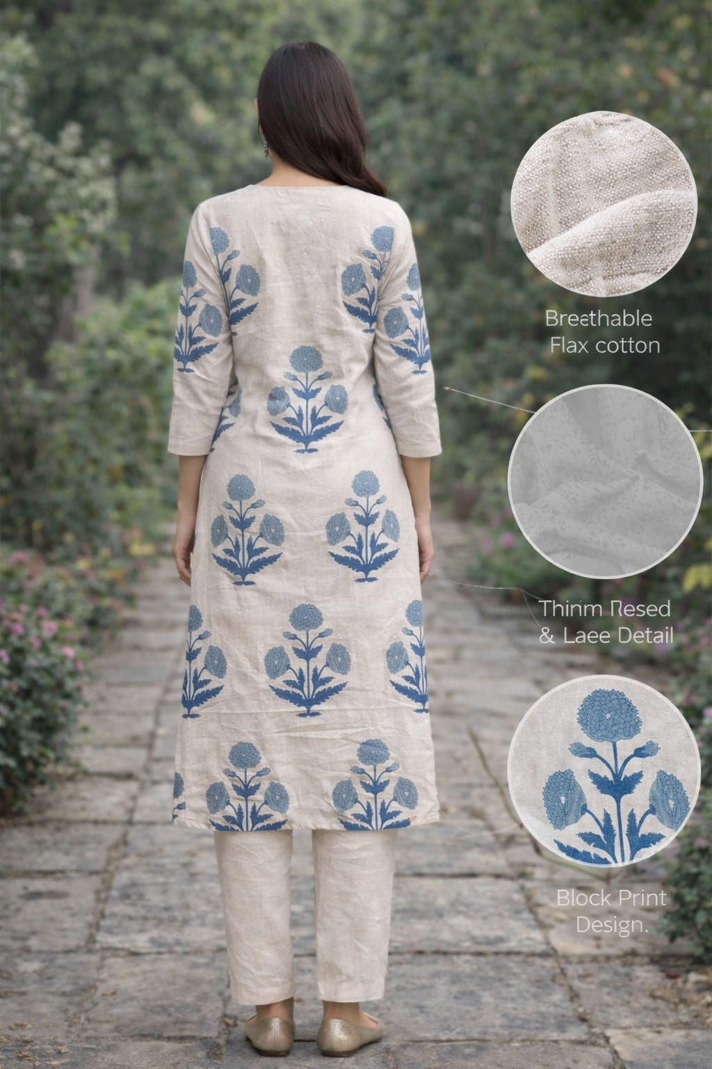 Ivory & Blue Block Print Flax Cotton Co-ord Set