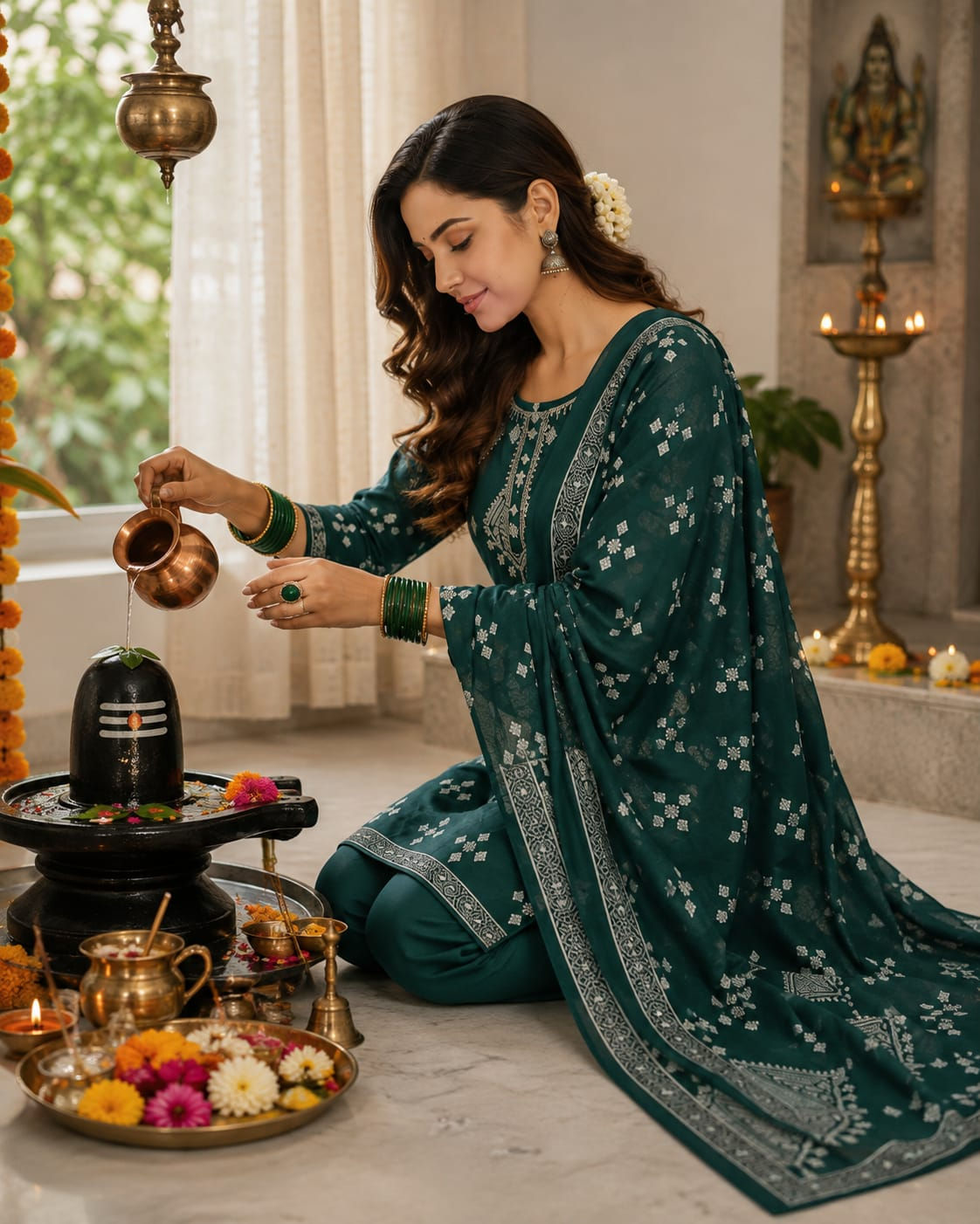 Emerald Green Printed Kurta Pant & Dupatta Set