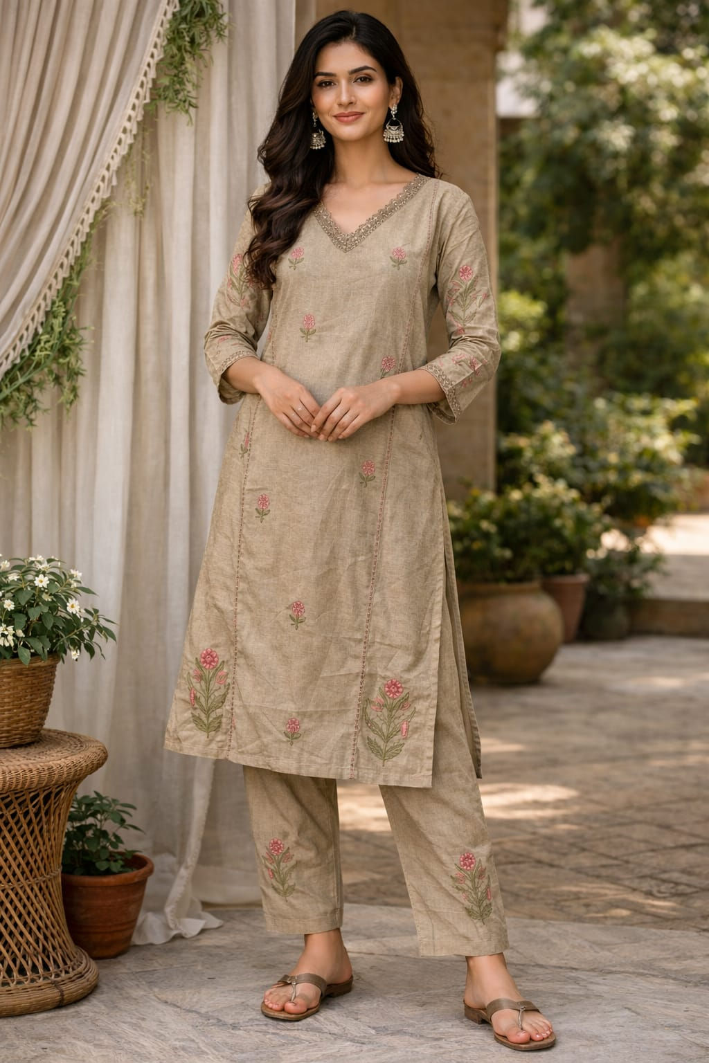 Beige Floral Embroidered Cotton Co-ord Set