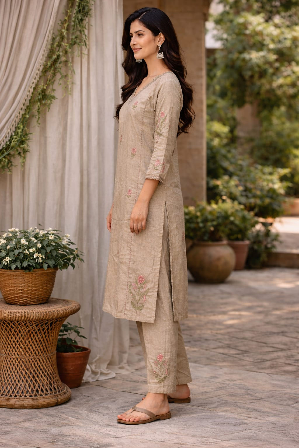 Beige Floral Embroidered Cotton Co-ord Set