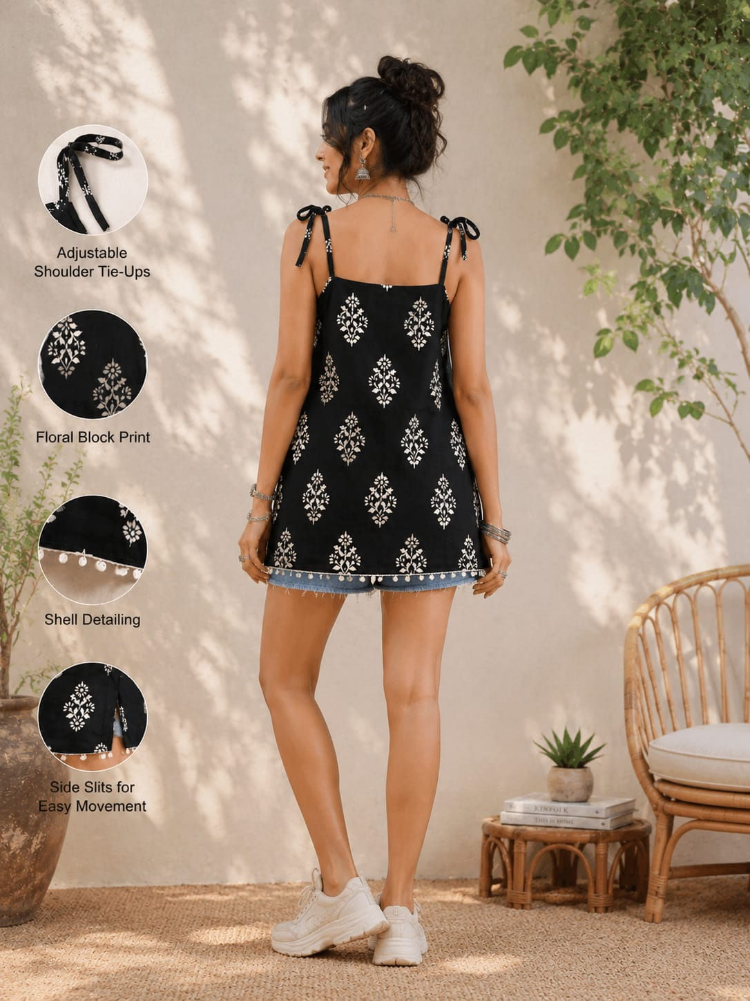 Black Floral Block Print Tie-Up Cotton Top