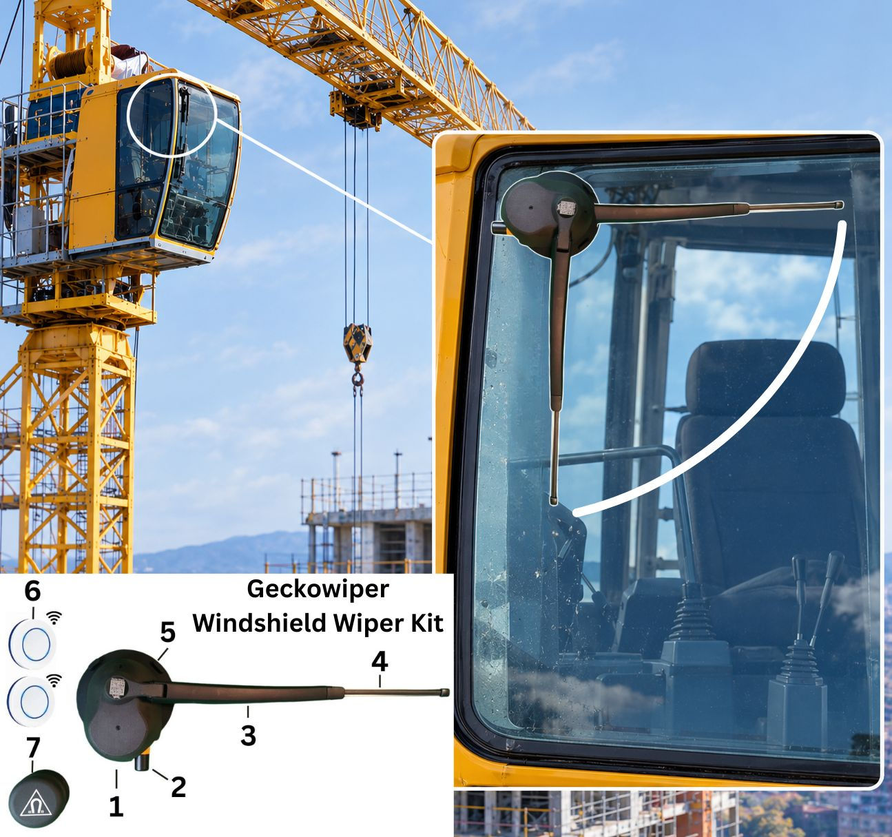 GeckoWiper heavy-duty crane window wiper retrofit system for construction crane cabin visibility improvement