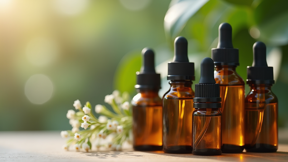 Close-up view of essential oil bottles with various colors