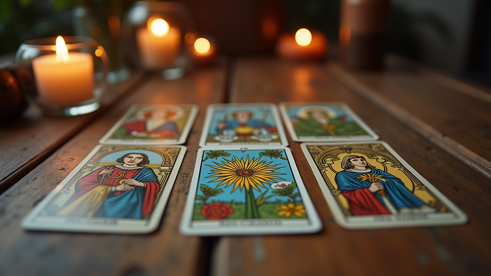 Eye-level view of a tarot card spread on a wooden table