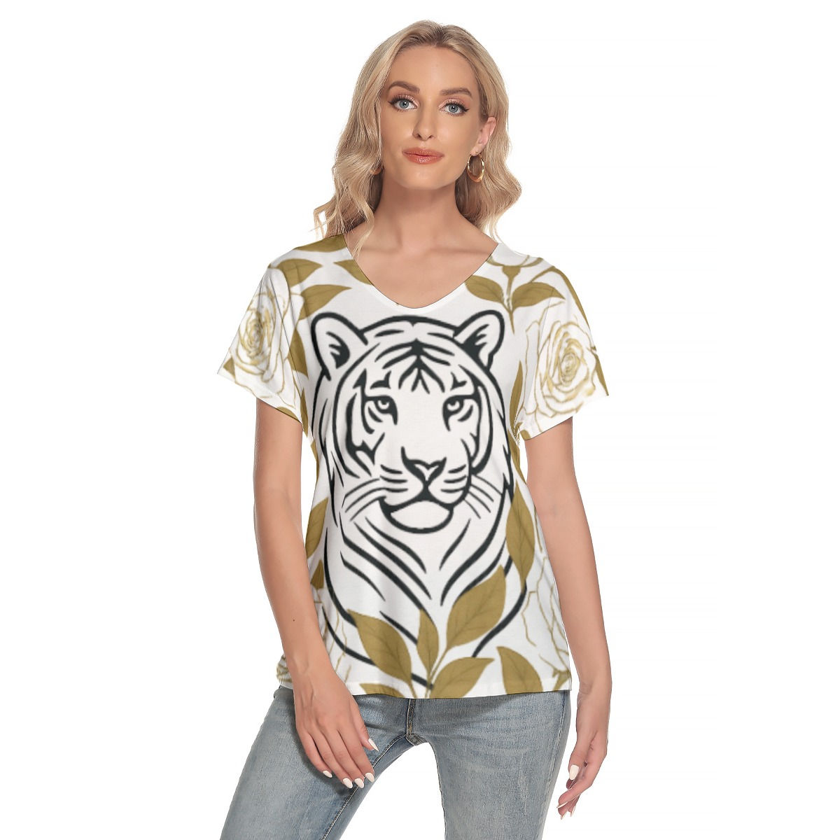 White Tiger Women's Loose V-neck Short Sleeve T-shirt