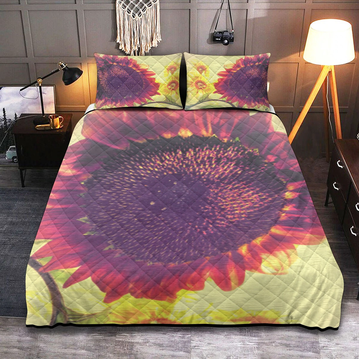 Sunflower delight Quilt & Pillow Shams with Edge-wrapping Strips