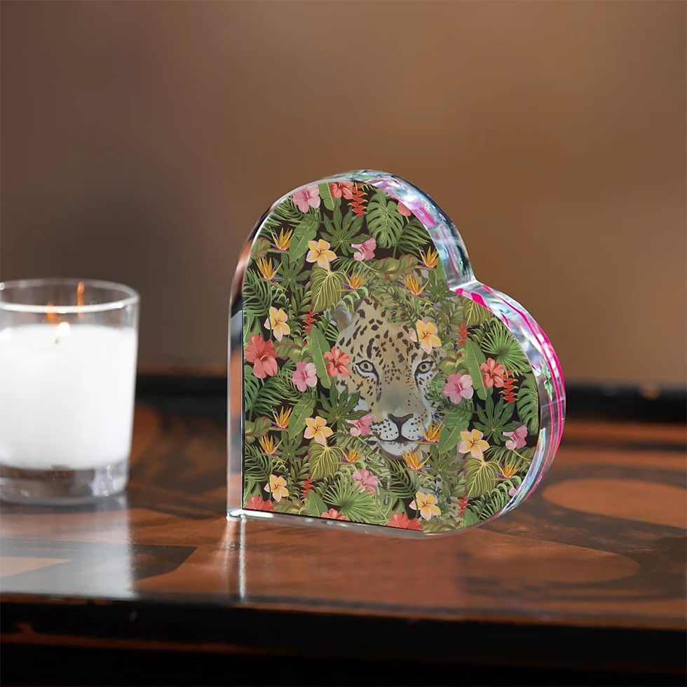 Melinda's Jaguar and Tropical Flowers Heart Shaped Acrylic Desktop Ornament