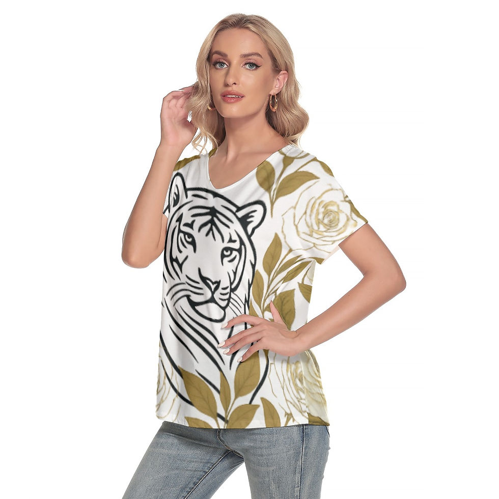Thumbnail: White Tiger Women's Loose V-neck Short Sleeve T-shirt