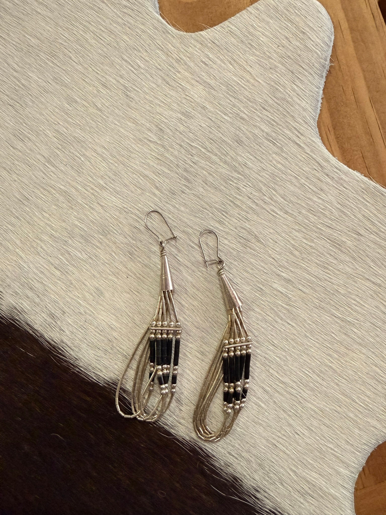 Large Liquid Silver and Black Beaded Onyx Dangle Earrings