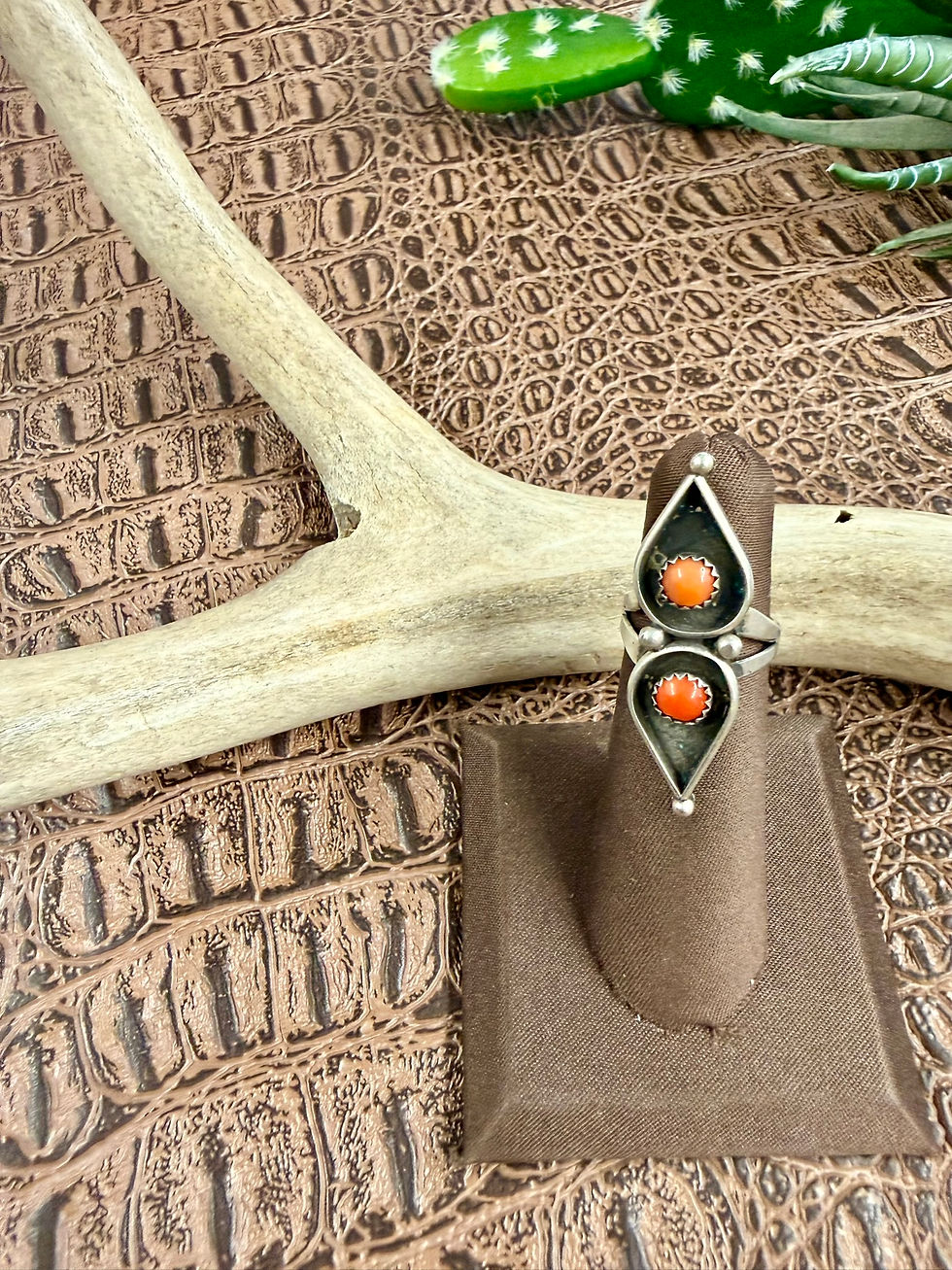 Thumbnail: Zuni Two Coral Teardrop Snake Eye Ring Size 4.5