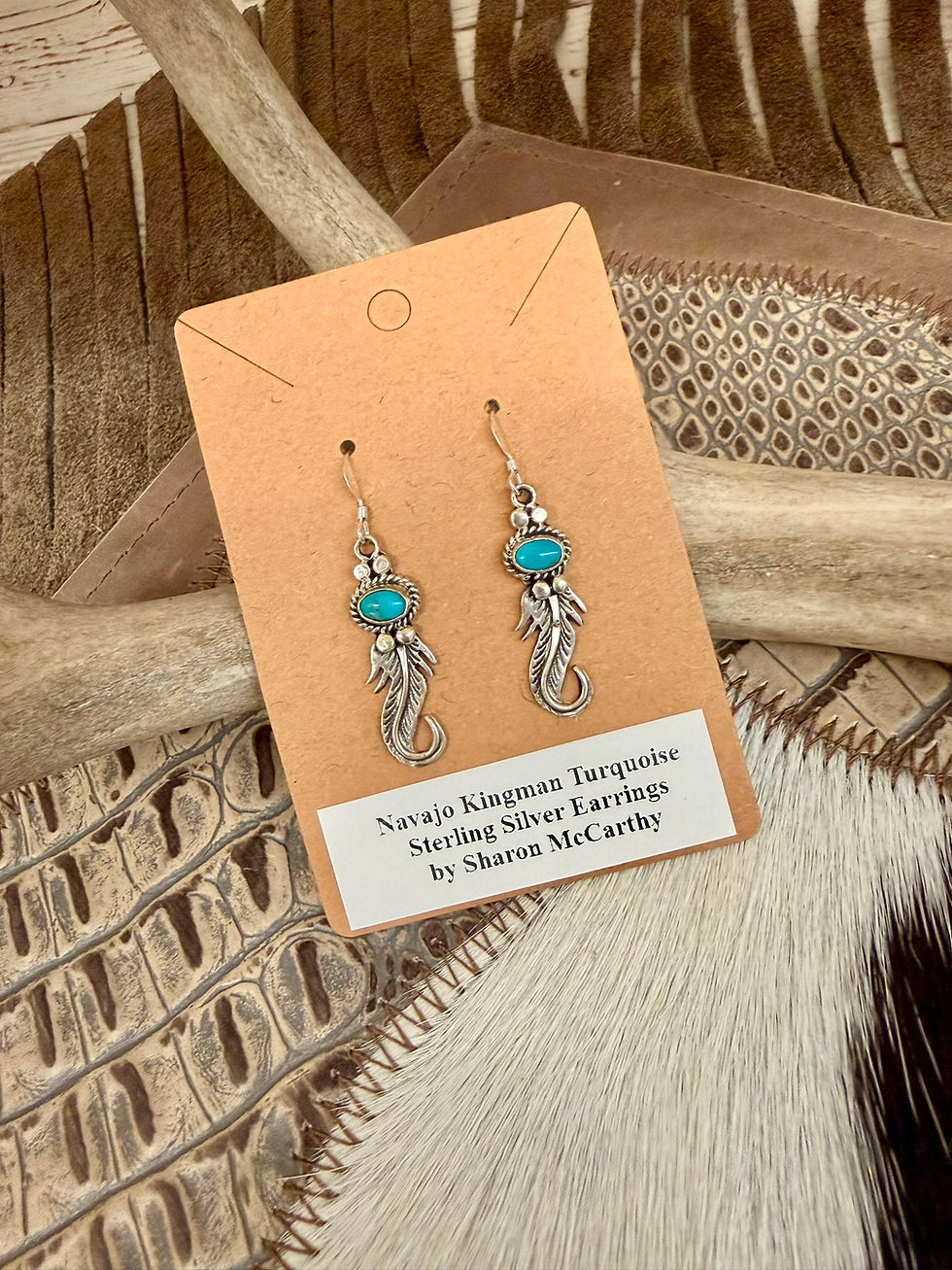 Thumbnail: Navajo Kingman Turquoise Feather Earrings