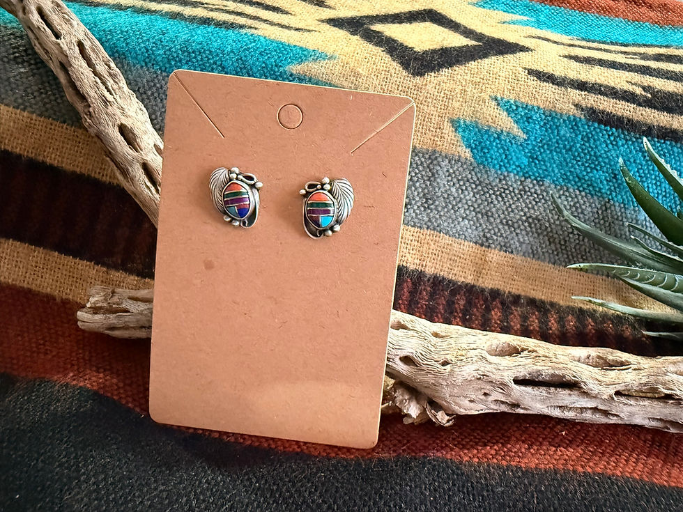 Thumbnail: Multi Stone Inlay Feather Stud Earrings