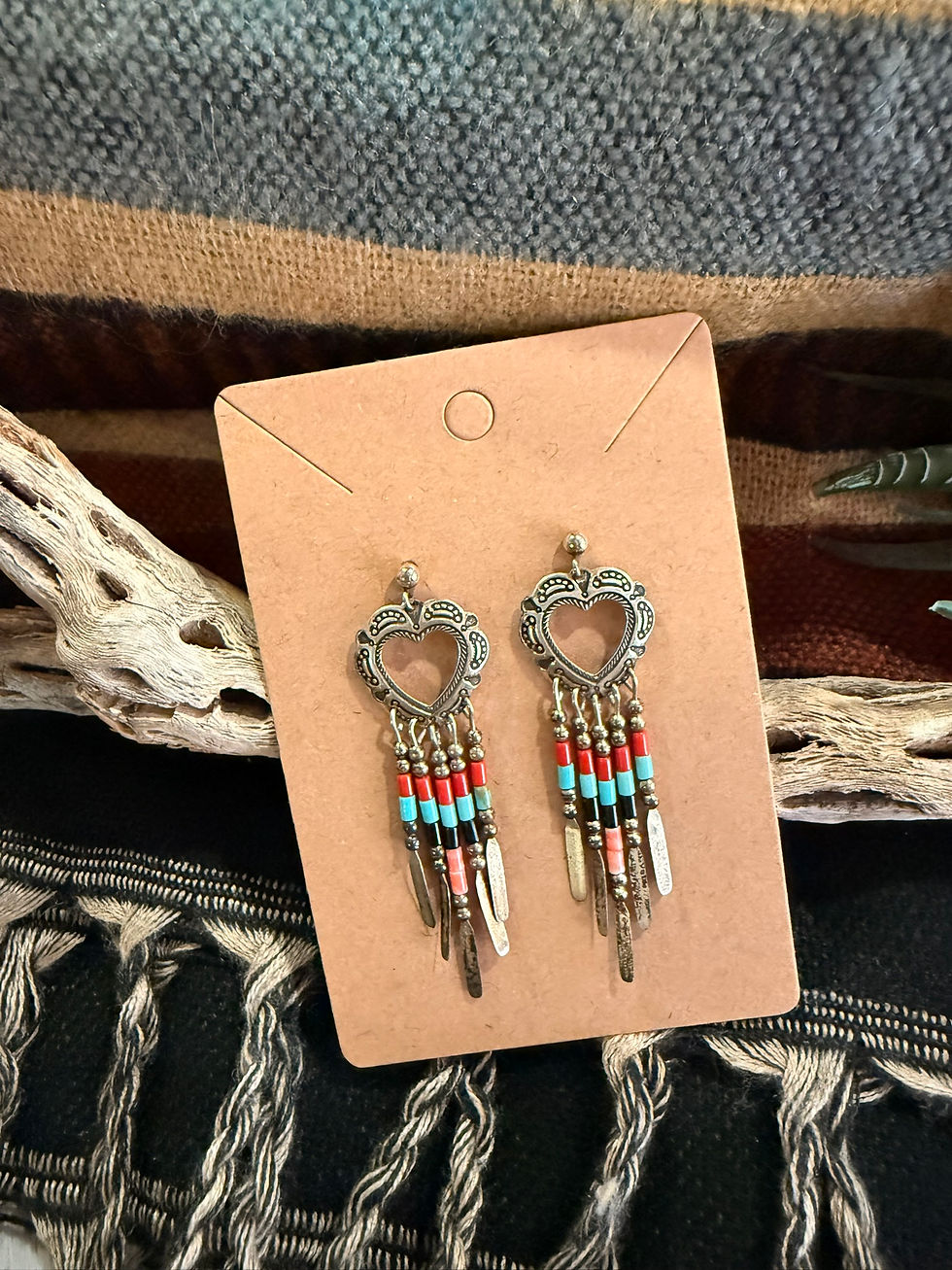 Thumbnail: Navajo Heart Concho Beaded Dangle Earrings