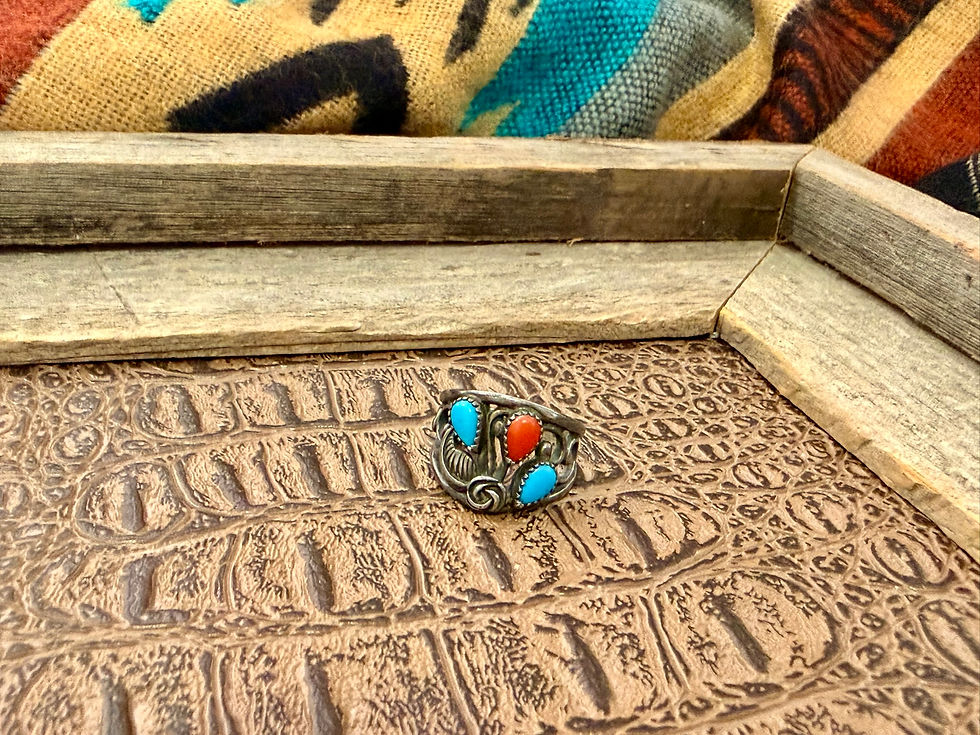 Thumbnail: 2 Turquoise Stone 1 Coral Stone Floral Ring Size 6