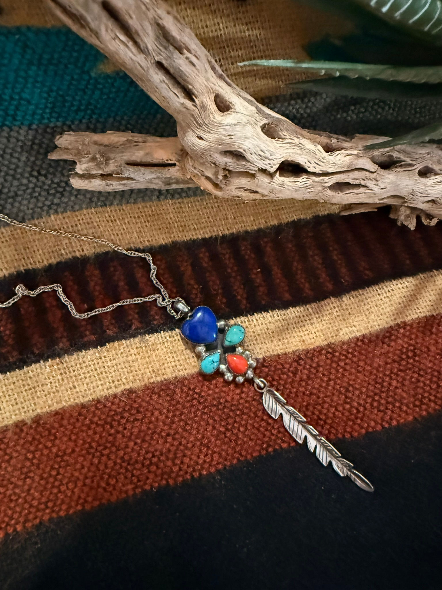 Lapis Heart Turquoise and Coral Feather Necklace