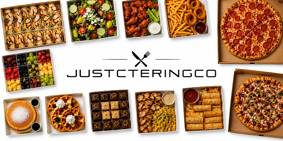 catering platters including pepperoni pizza, veggie pizza, chicken wraps, sandwiches, wings, burgers, salads, fruit trays, breakfast, lumpia, and desserts.